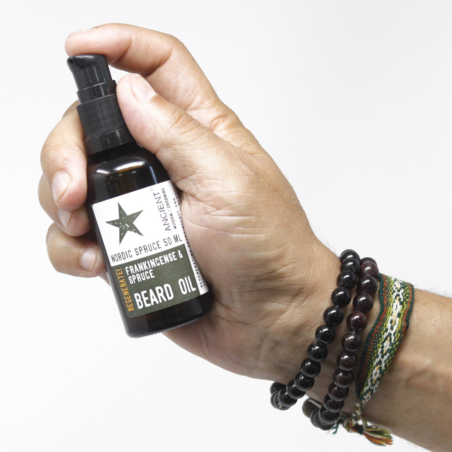 50ml Pure and Natural Beard Oil - Nordic Spruce / Regenerate product packaging on clean background from Quintessential Holistic Health Ltd