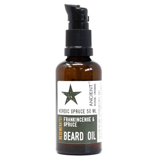 50ml Pure and Natural Beard Oil - Nordic Spruce / Regenerate product packaging on clean background from Quintessential Holistic Health Ltd