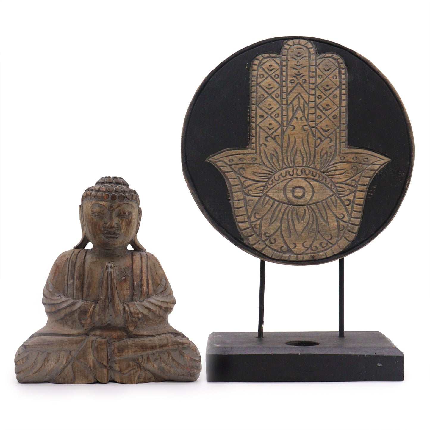 Albasia Wooden Eco-Friendly Buddha Feng Shui Set - Hamsa / Grey product packaging on clean background from Quintessential Holistic Health Ltd