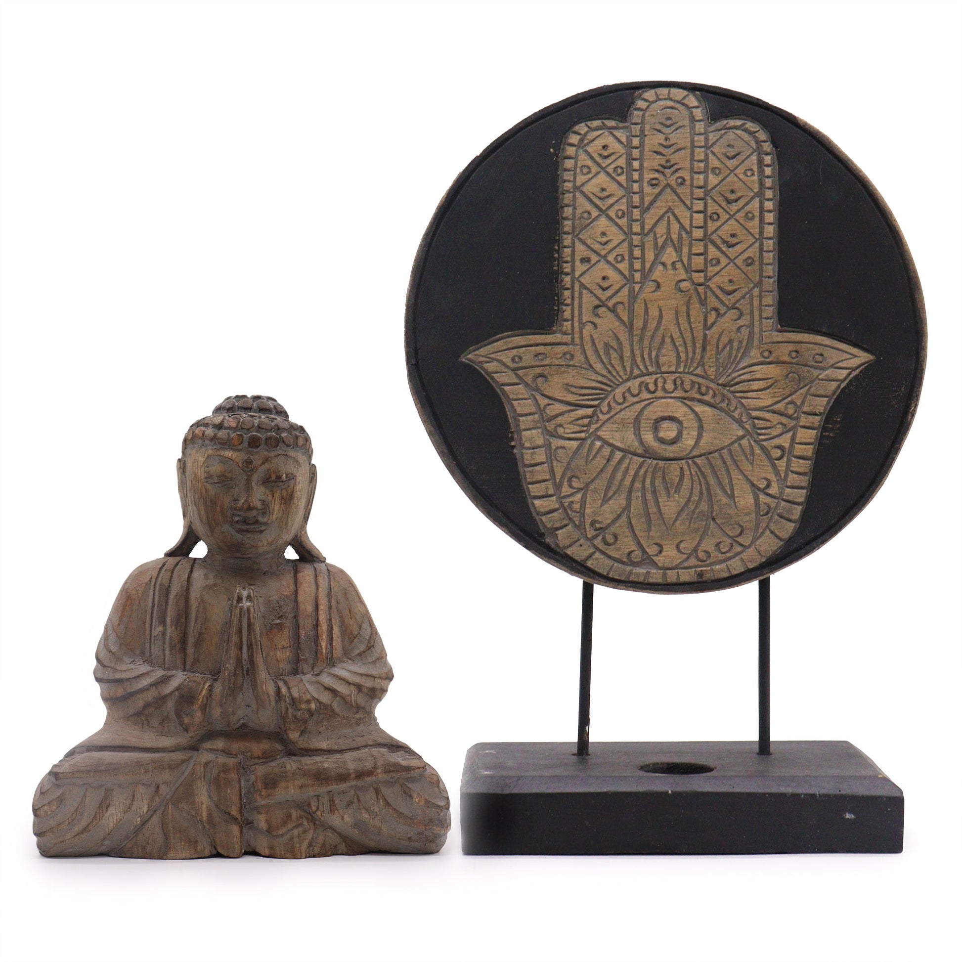 Albasia Wooden Eco-Friendly Buddha Feng Shui Set - Hamsa / Grey product packaging on clean background from Quintessential Holistic Health Ltd