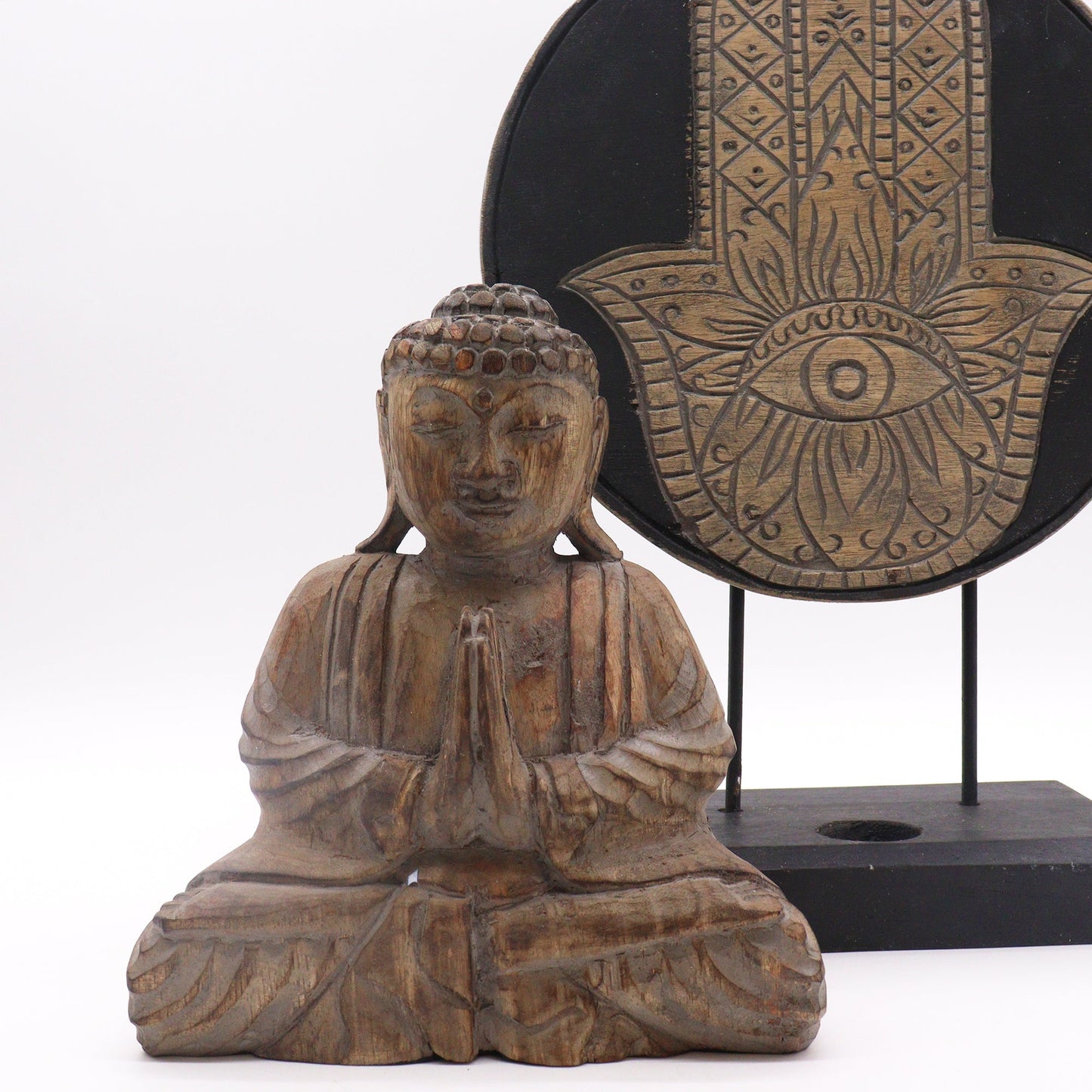 Albasia Wooden Eco-Friendly Buddha Feng Shui Set - Hamsa / Grey product packaging on clean background from Quintessential Holistic Health Ltd