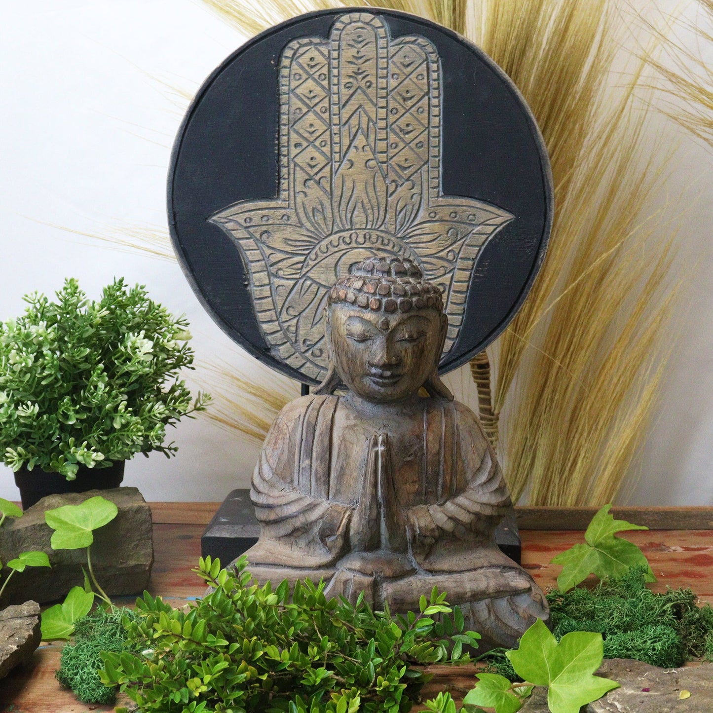 Albasia Wooden Eco-Friendly Buddha Feng Shui Set - Hamsa / Grey product packaging on clean background from Quintessential Holistic Health Ltd