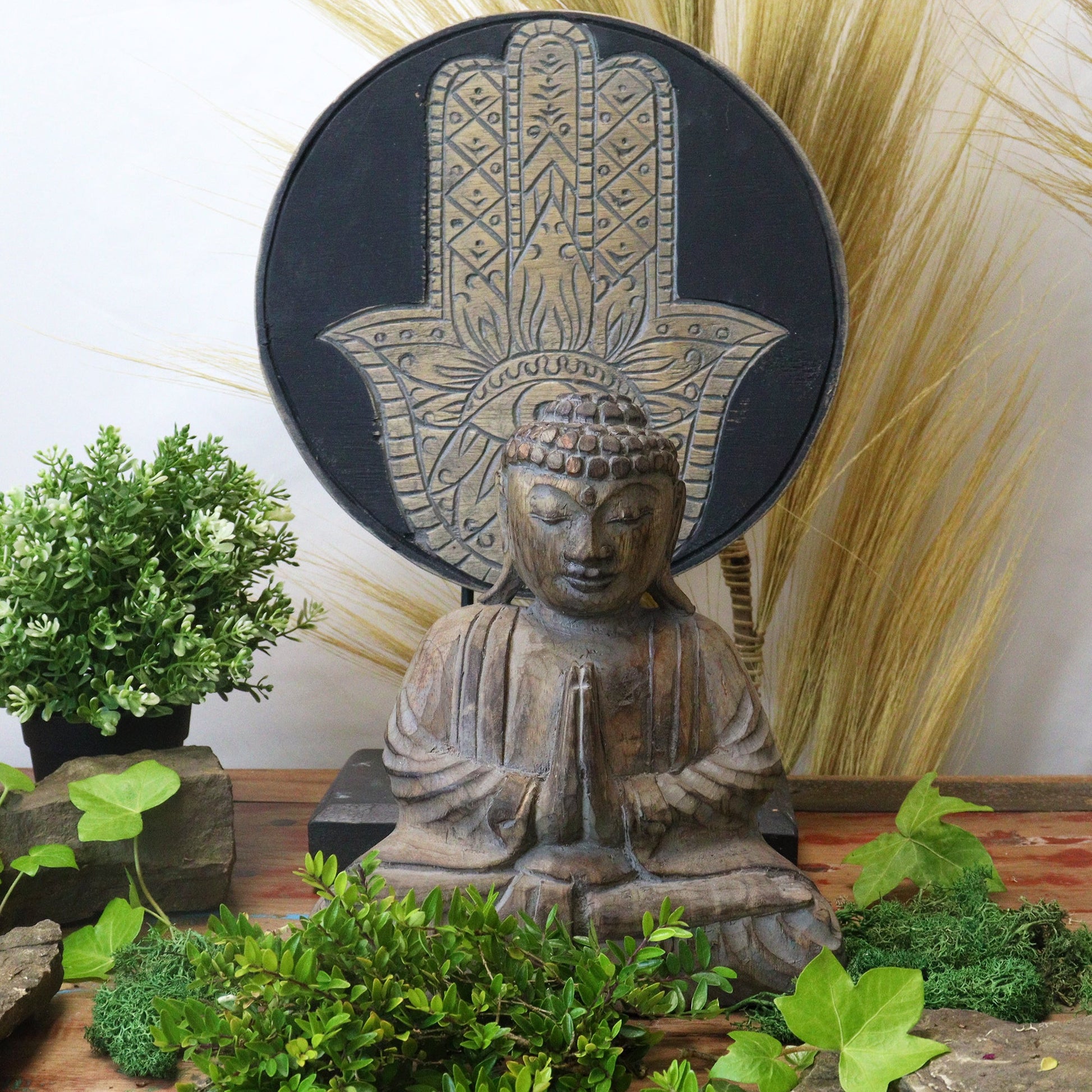 Albasia Wooden Eco-Friendly Buddha Feng Shui Set - Hamsa / Grey product packaging on clean background from Quintessential Holistic Health Ltd