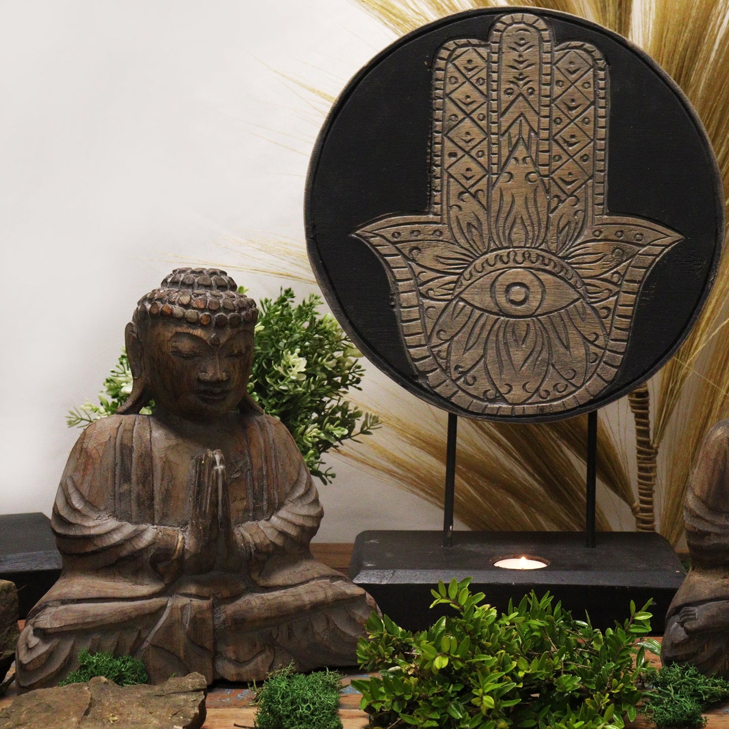 Albasia Wooden Eco-Friendly Buddha Feng Shui Set - Hamsa / Grey product packaging on clean background from Quintessential Holistic Health Ltd