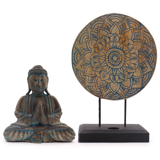 Albasia Wooden Eco-Friendly Buddha Feng Shui Set - Flower Mandala / Blue product packaging on clean background from Quintessential Holistic Health Ltd