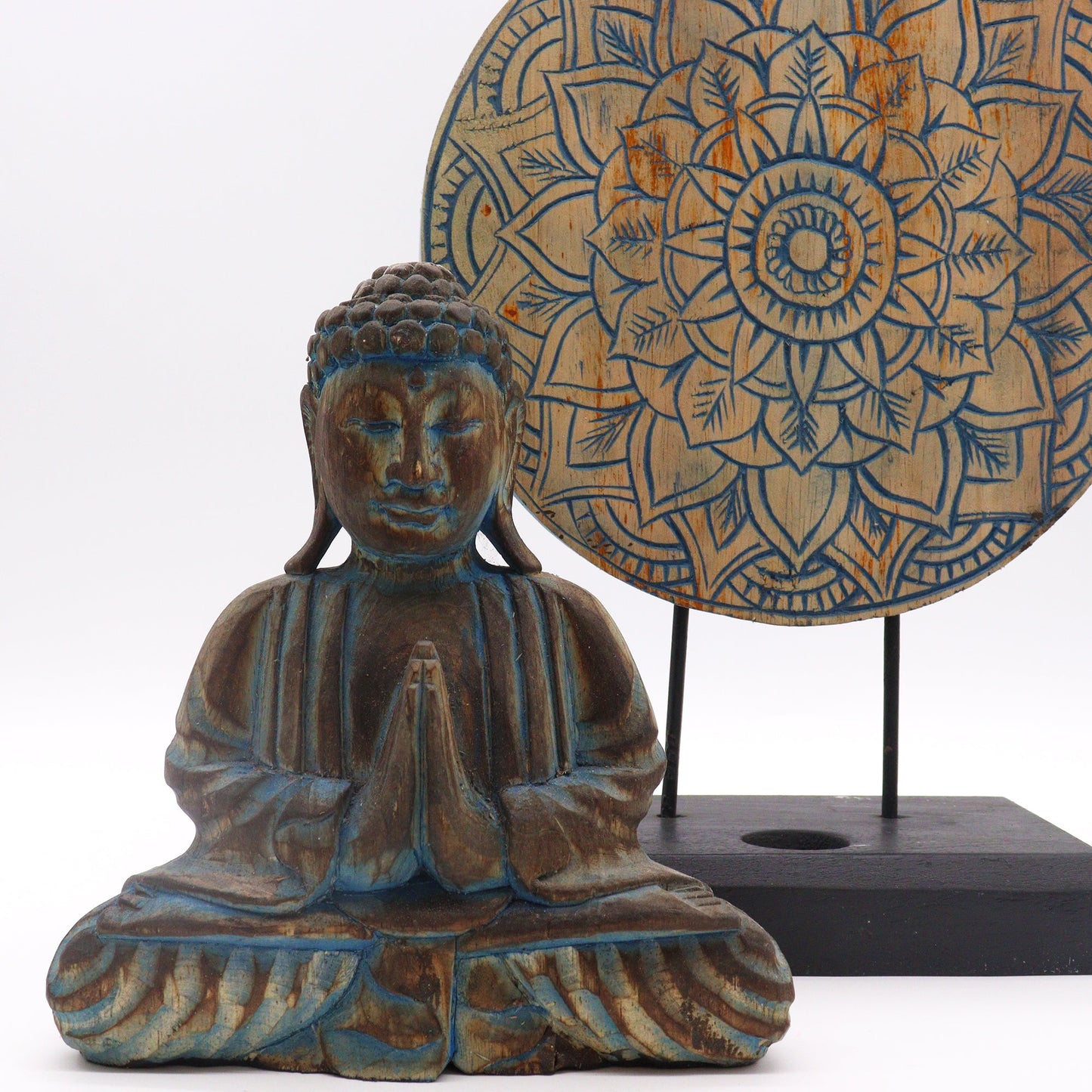 Albasia Wooden Eco-Friendly Buddha Feng Shui Set - Flower Mandala / Blue product packaging on clean background from Quintessential Holistic Health Ltd