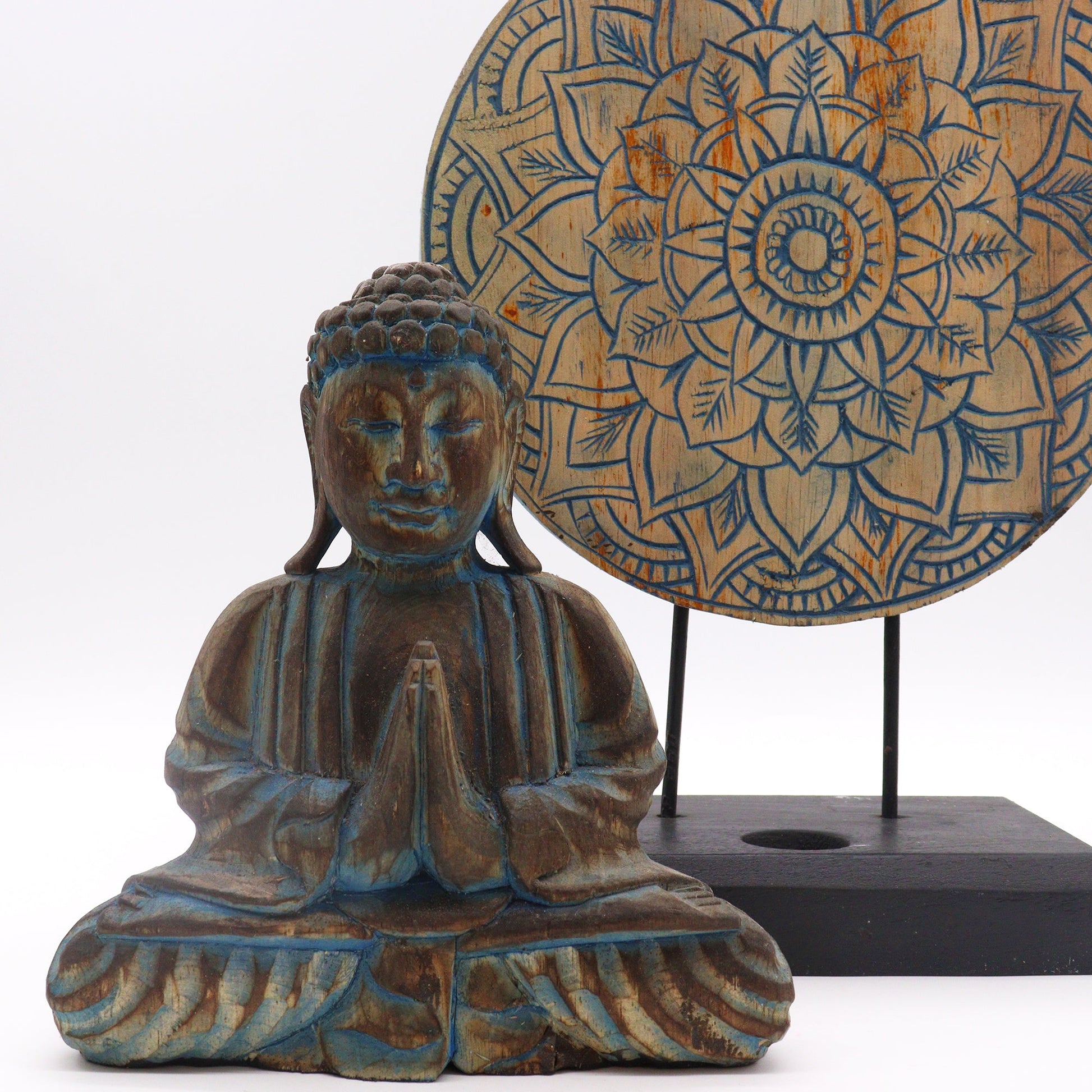 Albasia Wooden Eco-Friendly Buddha Feng Shui Set - Flower Mandala / Blue product packaging on clean background from Quintessential Holistic Health Ltd