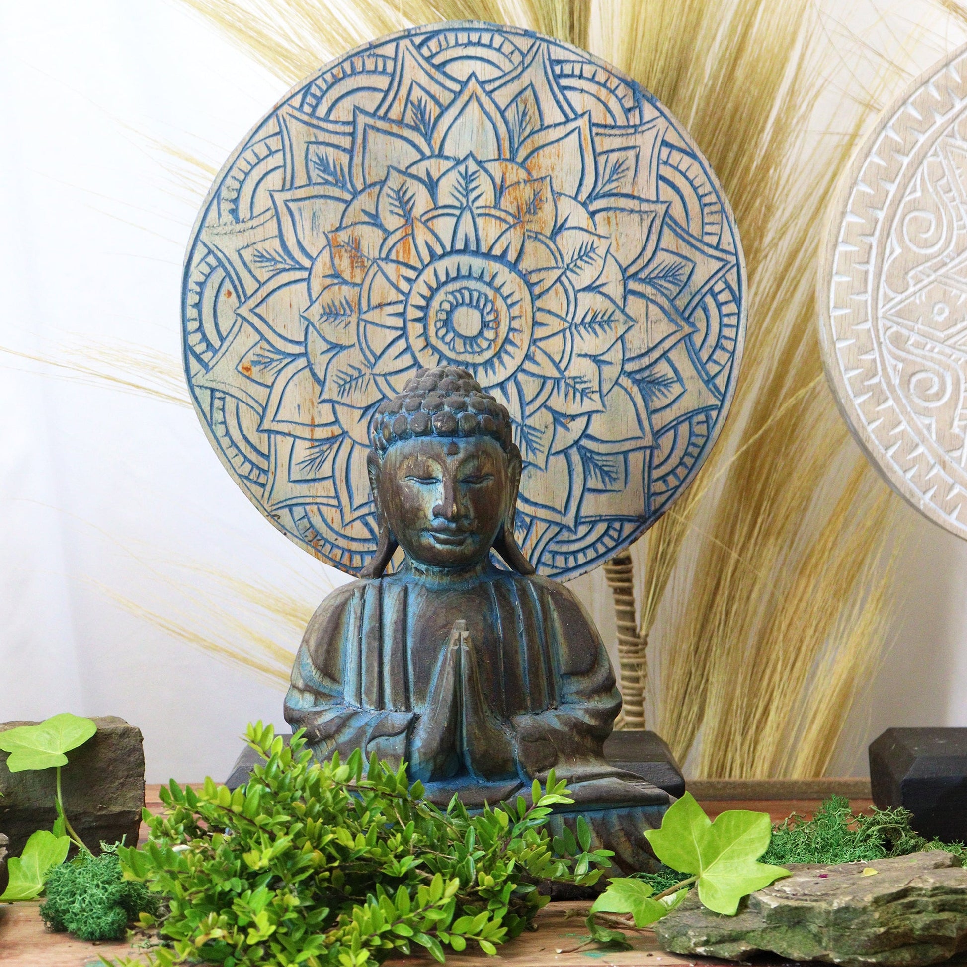 Albasia Wooden Eco-Friendly Buddha Feng Shui Set - Flower Mandala / Blue product packaging on clean background from Quintessential Holistic Health Ltd