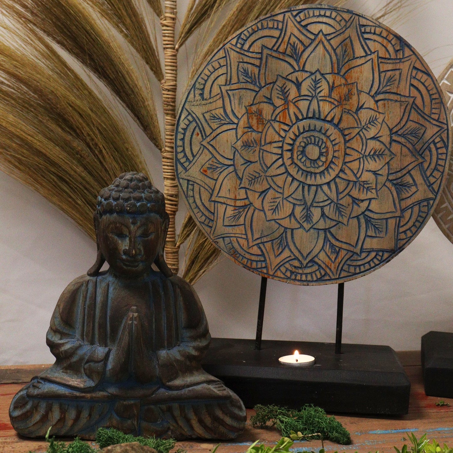 Albasia Wooden Eco-Friendly Buddha Feng Shui Set - Flower Mandala / Blue product packaging on clean background from Quintessential Holistic Health Ltd