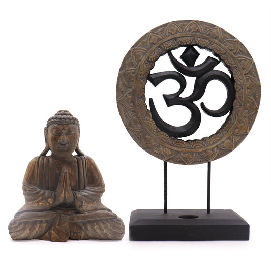 Albasia Wooden Eco-Friendly Buddha Feng Shui Set - Om / Grey and Black product packaging on clean background from Quintessential Holistic Health Ltd