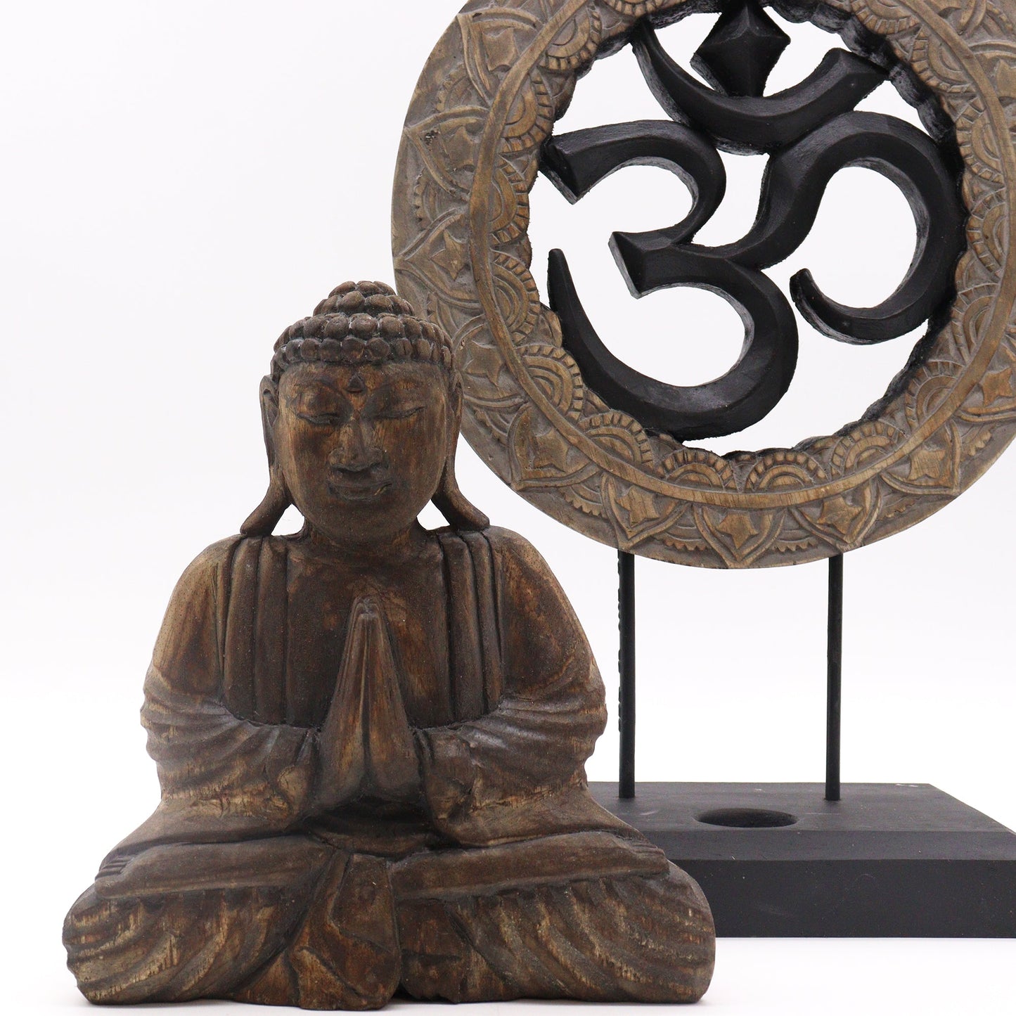 Albasia Wooden Eco-Friendly Buddha Feng Shui Set - Om / Grey and Black product packaging on clean background from Quintessential Holistic Health Ltd