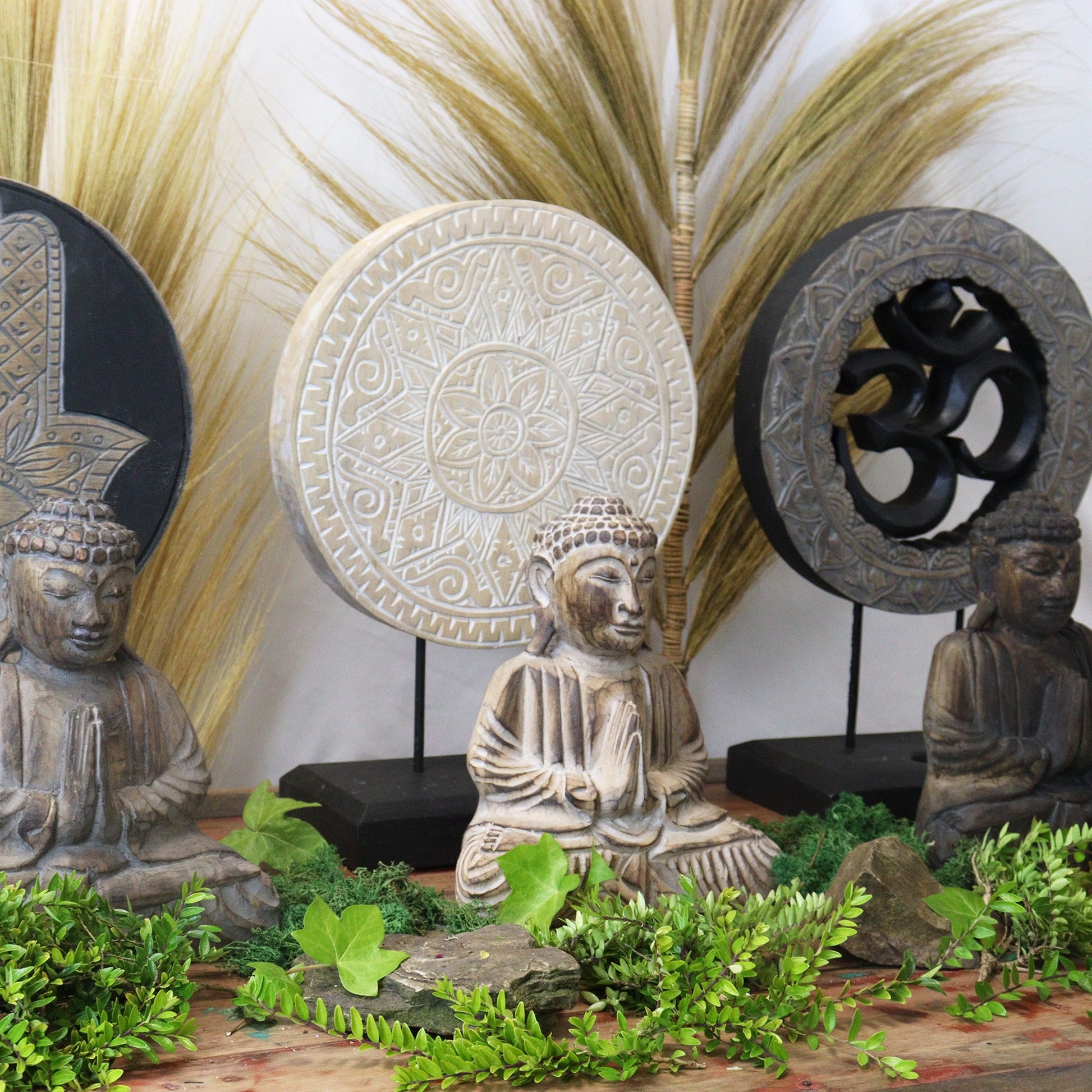 Albasia Wooden Eco-Friendly Buddha Feng Shui Set - Classic Mandala / Natural product packaging on clean background from Quintessential Holistic Health Ltd
