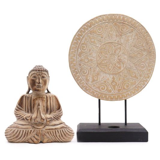 Albasia Wooden Eco-Friendly Buddha Feng Shui Set - Classic Mandala / Natural product packaging on clean background from Quintessential Holistic Health Ltd