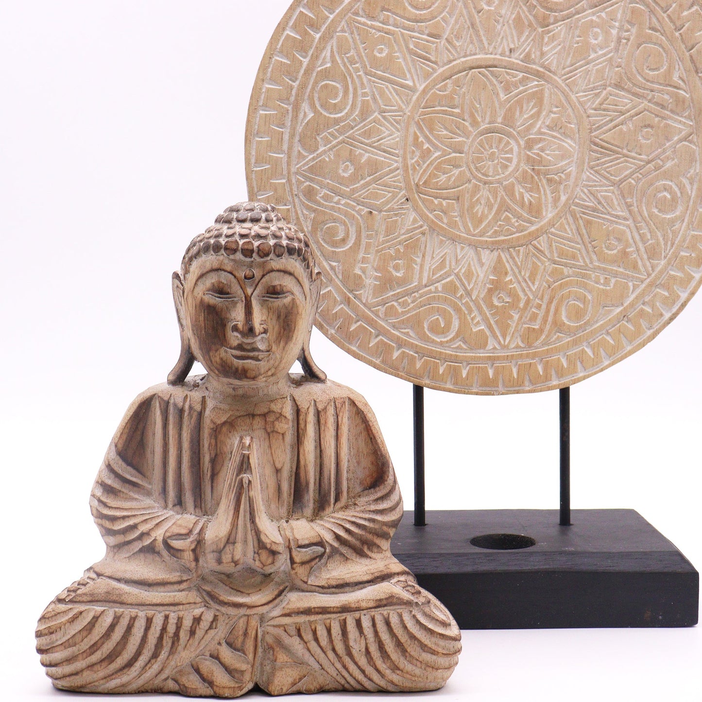 Albasia Wooden Eco-Friendly Buddha Feng Shui Set - Classic Mandala / Natural product packaging on clean background from Quintessential Holistic Health Ltd