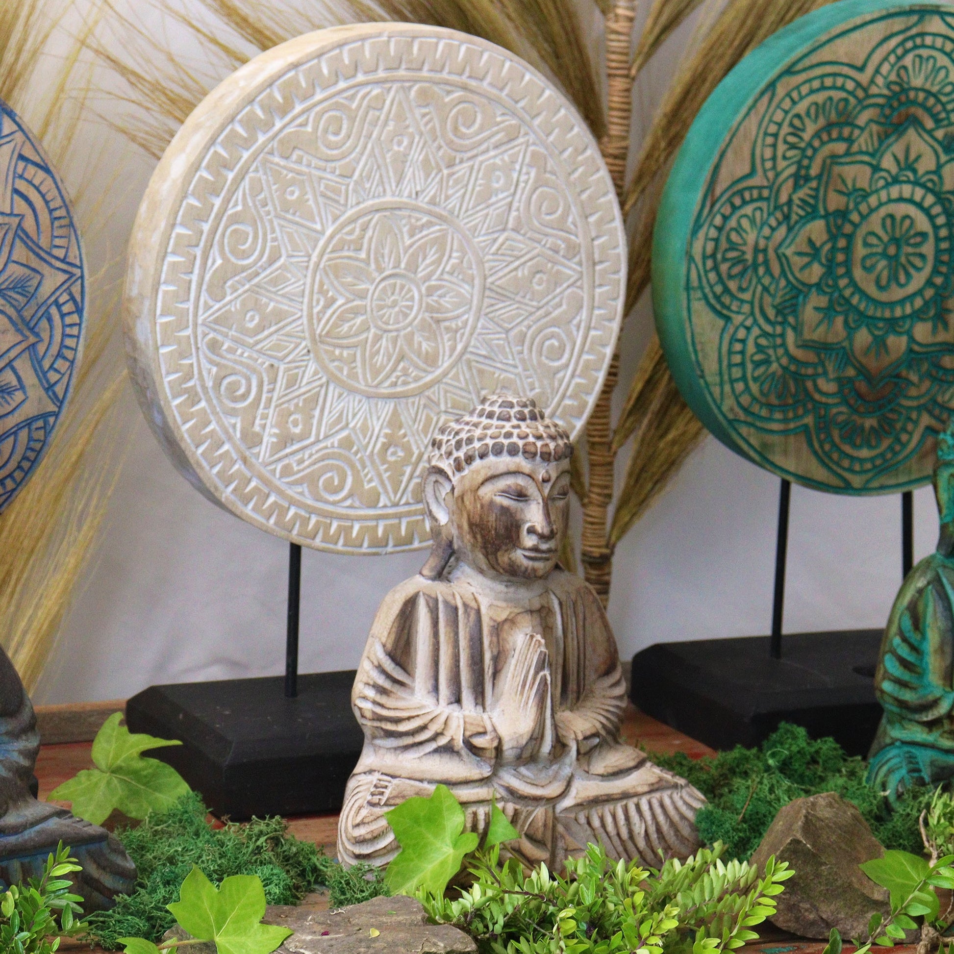 Albasia Wooden Eco-Friendly Buddha Feng Shui Set - Classic Mandala / Natural product packaging on clean background from Quintessential Holistic Health Ltd
