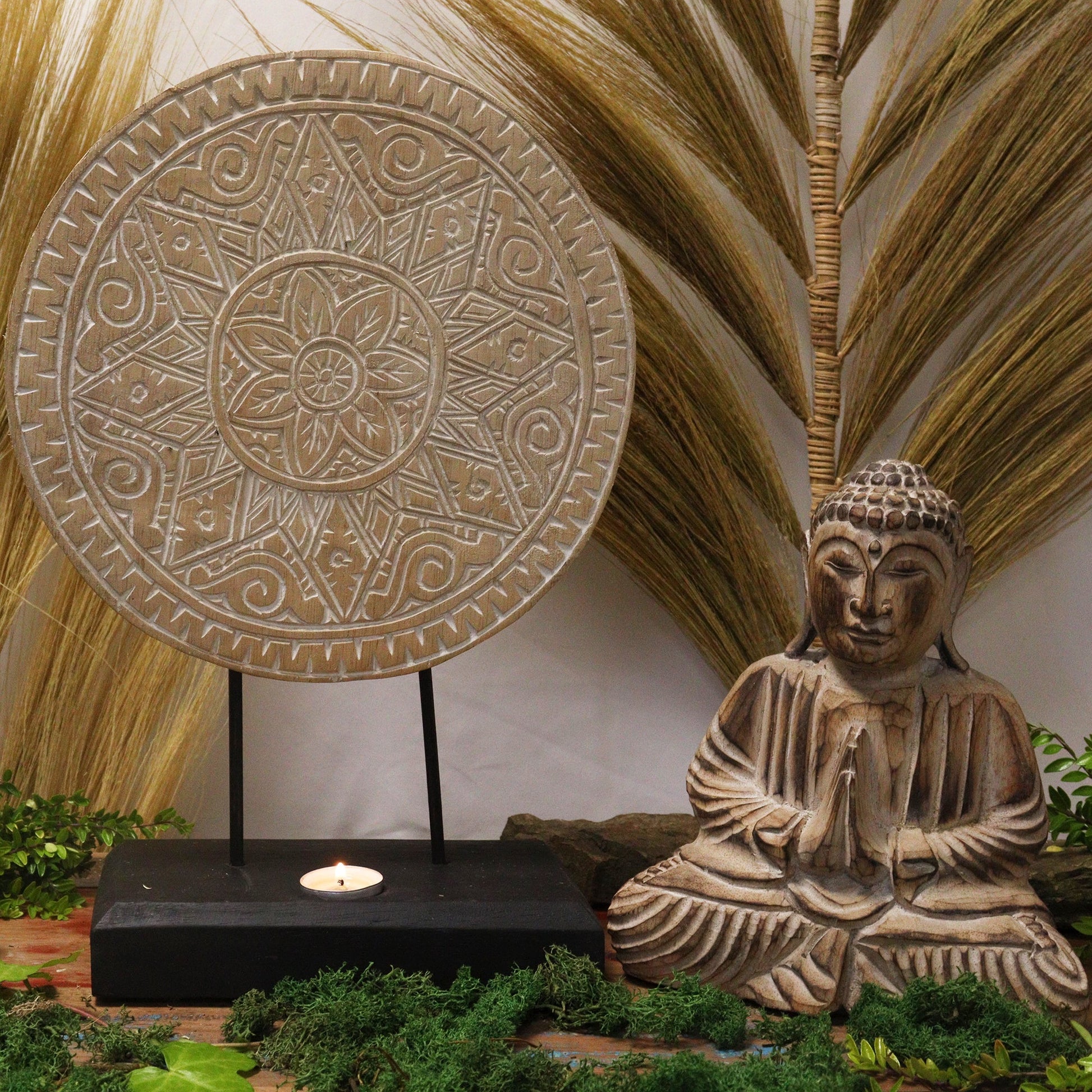 Albasia Wooden Eco-Friendly Buddha Feng Shui Set - Classic Mandala / Natural product packaging on clean background from Quintessential Holistic Health Ltd
