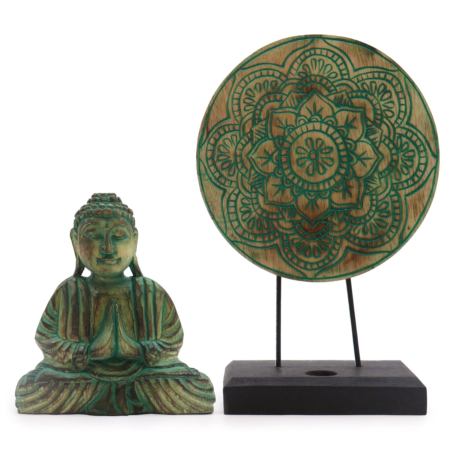 Albasia Wooden Eco-Friendly Buddha Feng Shui Set - Buddha Knot / Green product packaging on clean background from Quintessential Holistic Health Ltd
