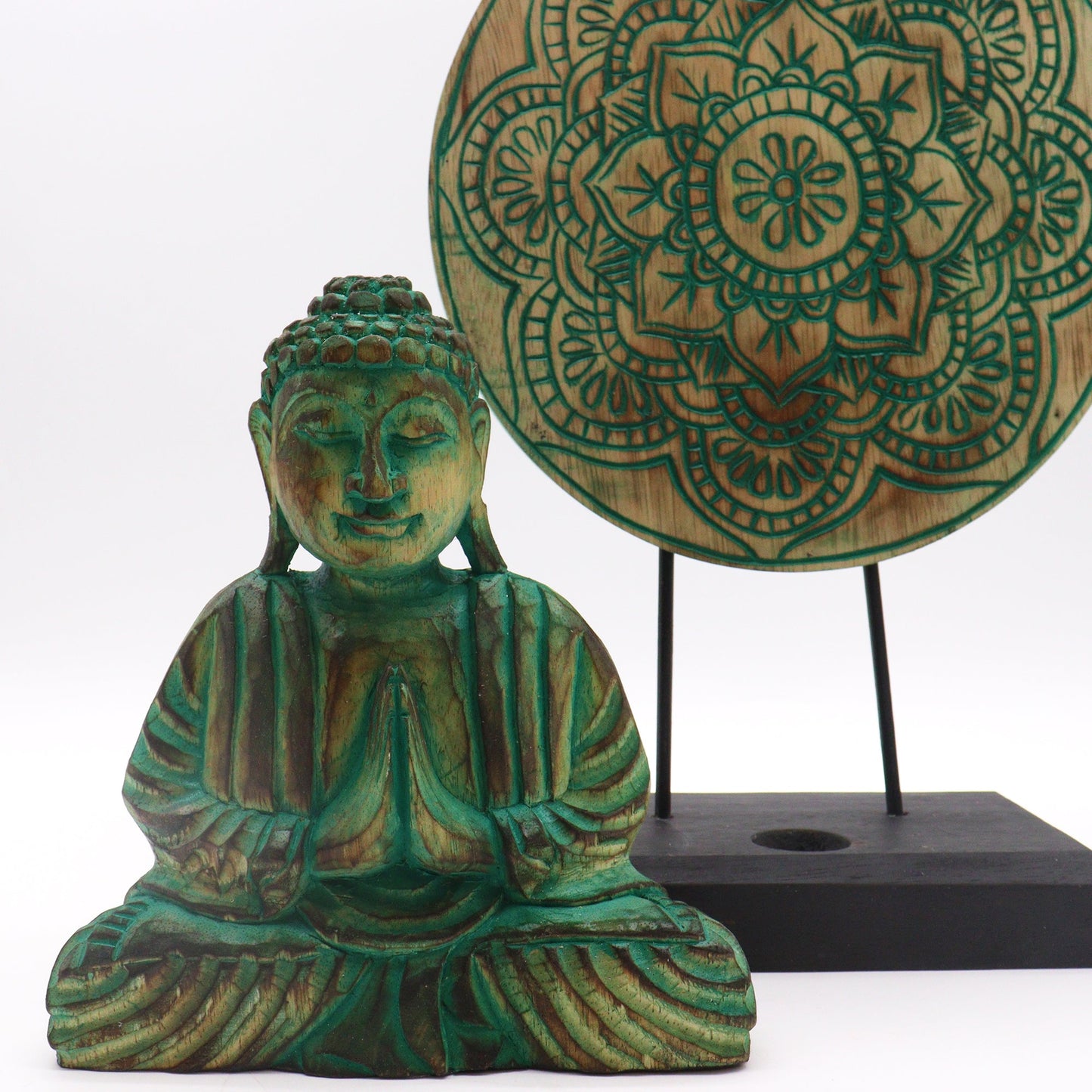 Albasia Wooden Eco-Friendly Buddha Feng Shui Set - Buddha Knot / Green product packaging on clean background from Quintessential Holistic Health Ltd