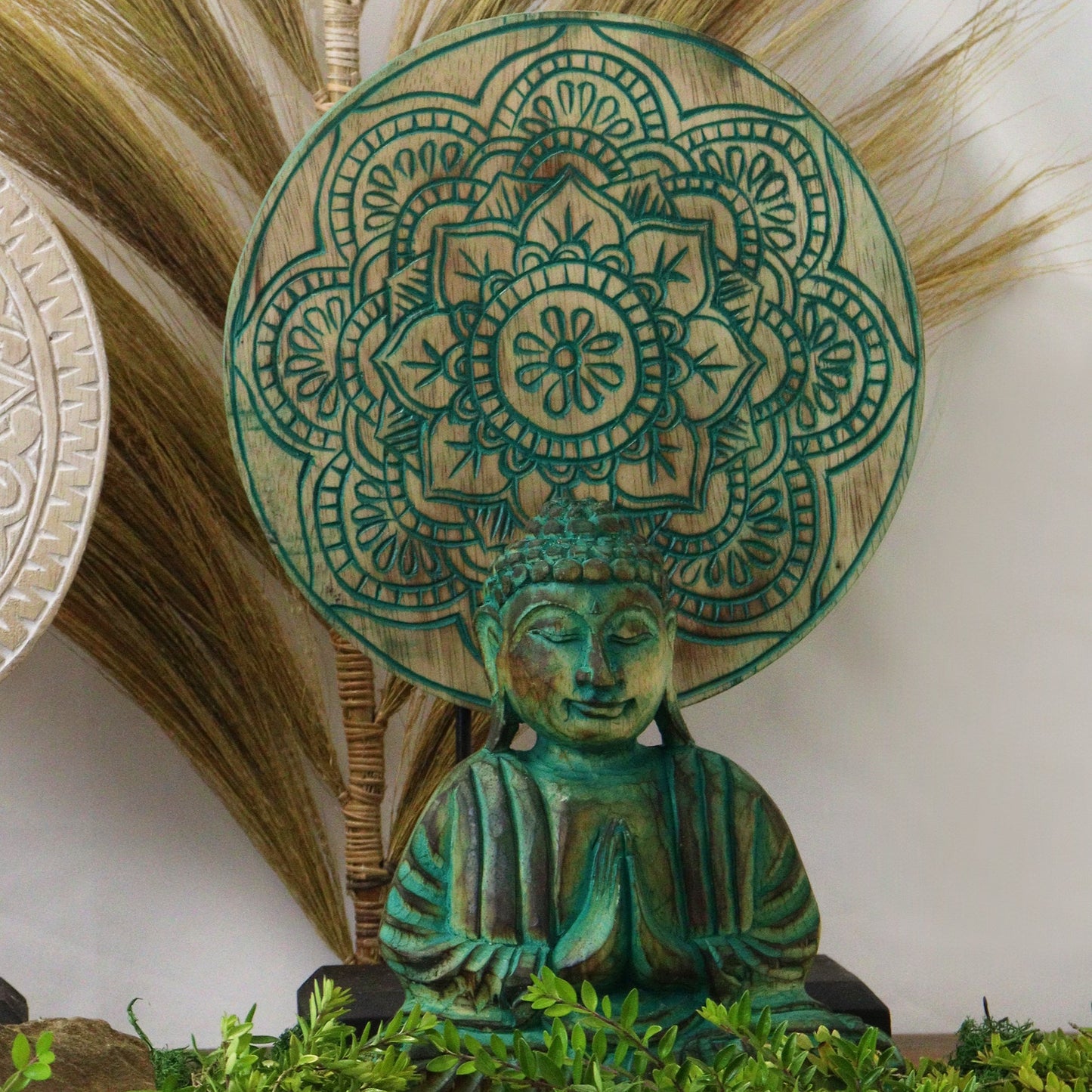 Albasia Wooden Eco-Friendly Buddha Feng Shui Set - Buddha Knot / Green product packaging on clean background from Quintessential Holistic Health Ltd