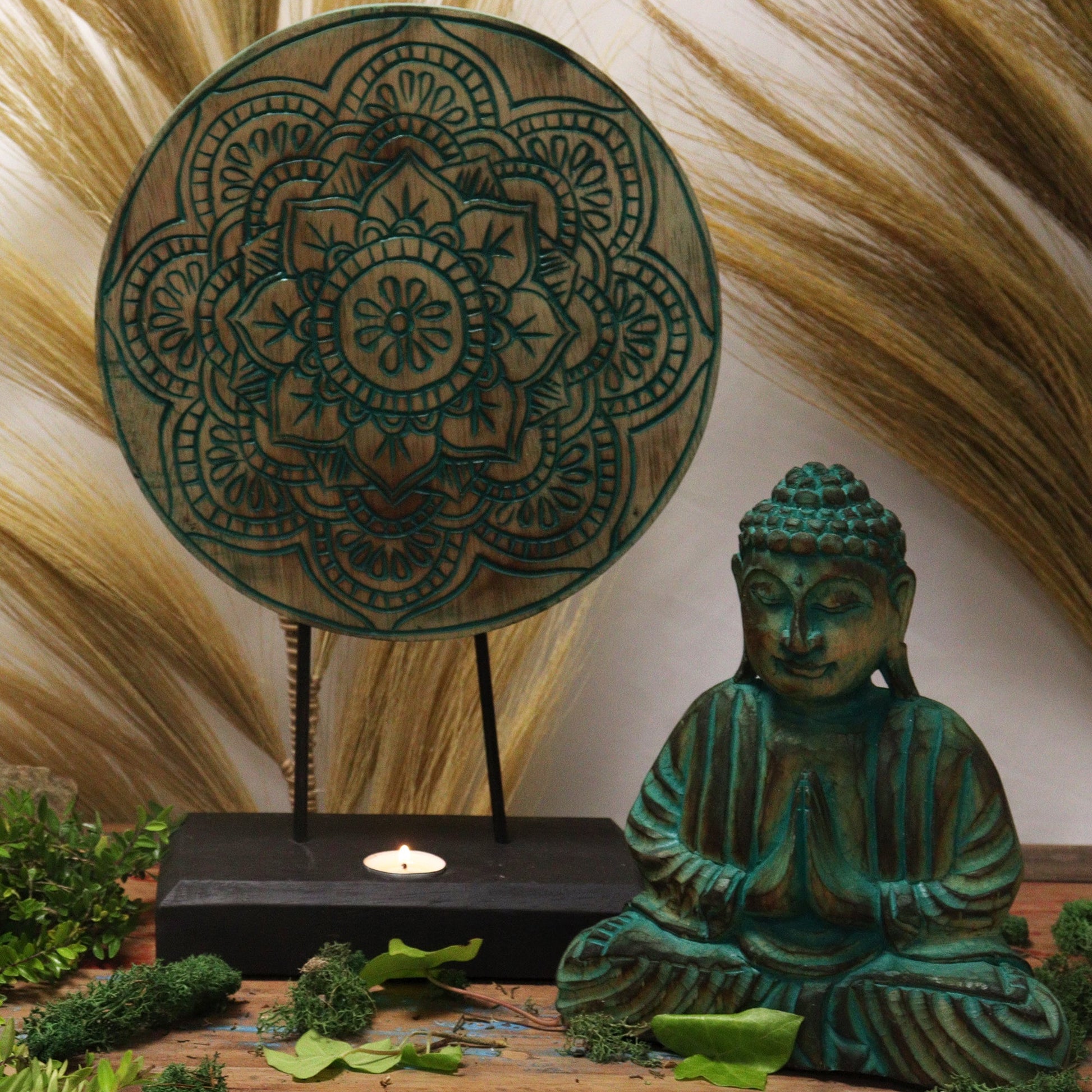Albasia Wooden Eco-Friendly Buddha Feng Shui Set - Buddha Knot / Green product packaging on clean background from Quintessential Holistic Health Ltd