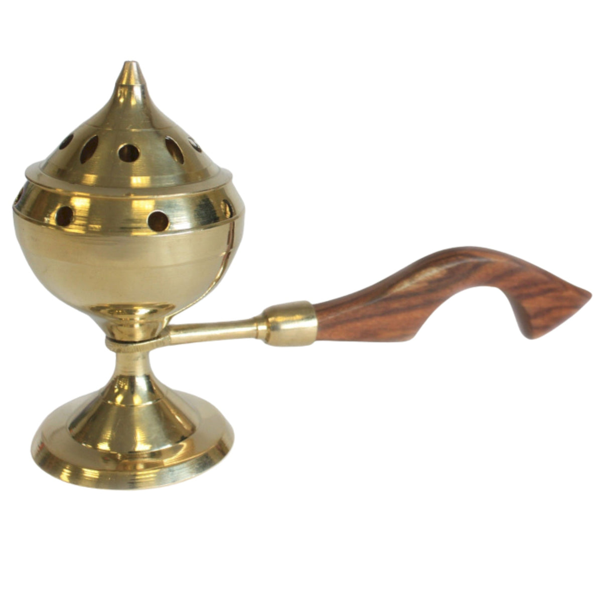 Small Plain Brass Incense Burner with Handle, with a pointed perforated lid, pedestal base and curved wooden grip by Quintessential Holistic Health Ltd