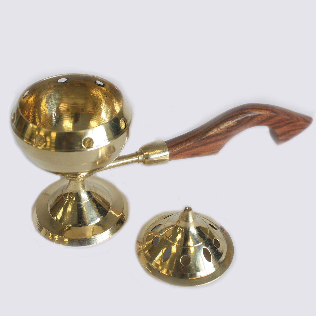 Small Plain Brass Incense Burner with Handle, shown open with the perforated lid beside the round bowl by Quintessential Holistic Health Ltd