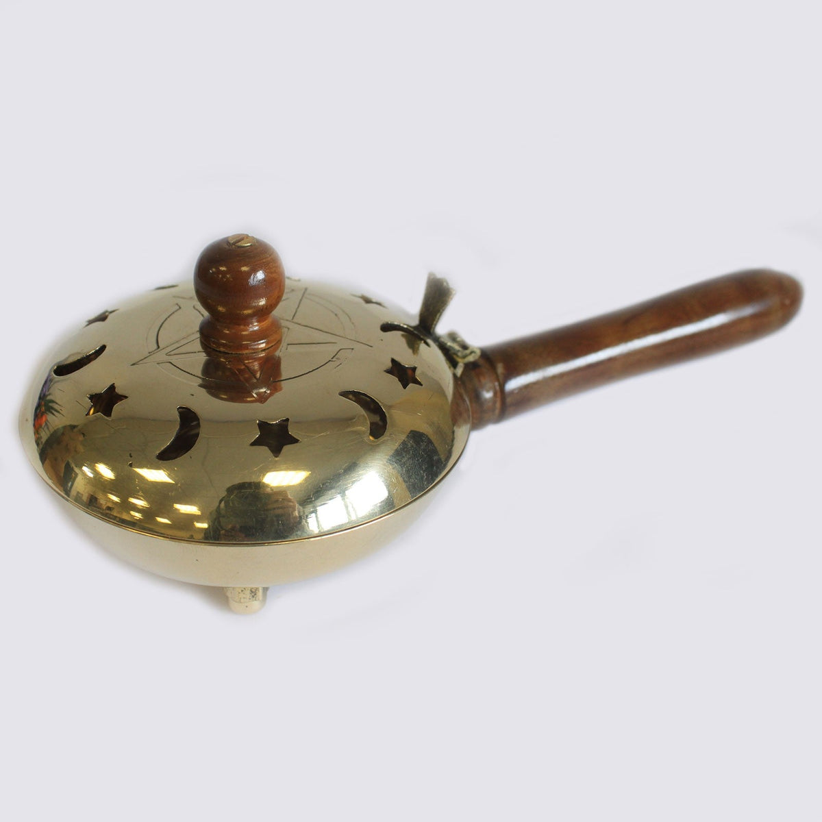 Large Pentagram Brass Incense Burner with Handle, with a pierced domed lid, wooden grip and small feet, by Quintessential Holistic Health Ltd
