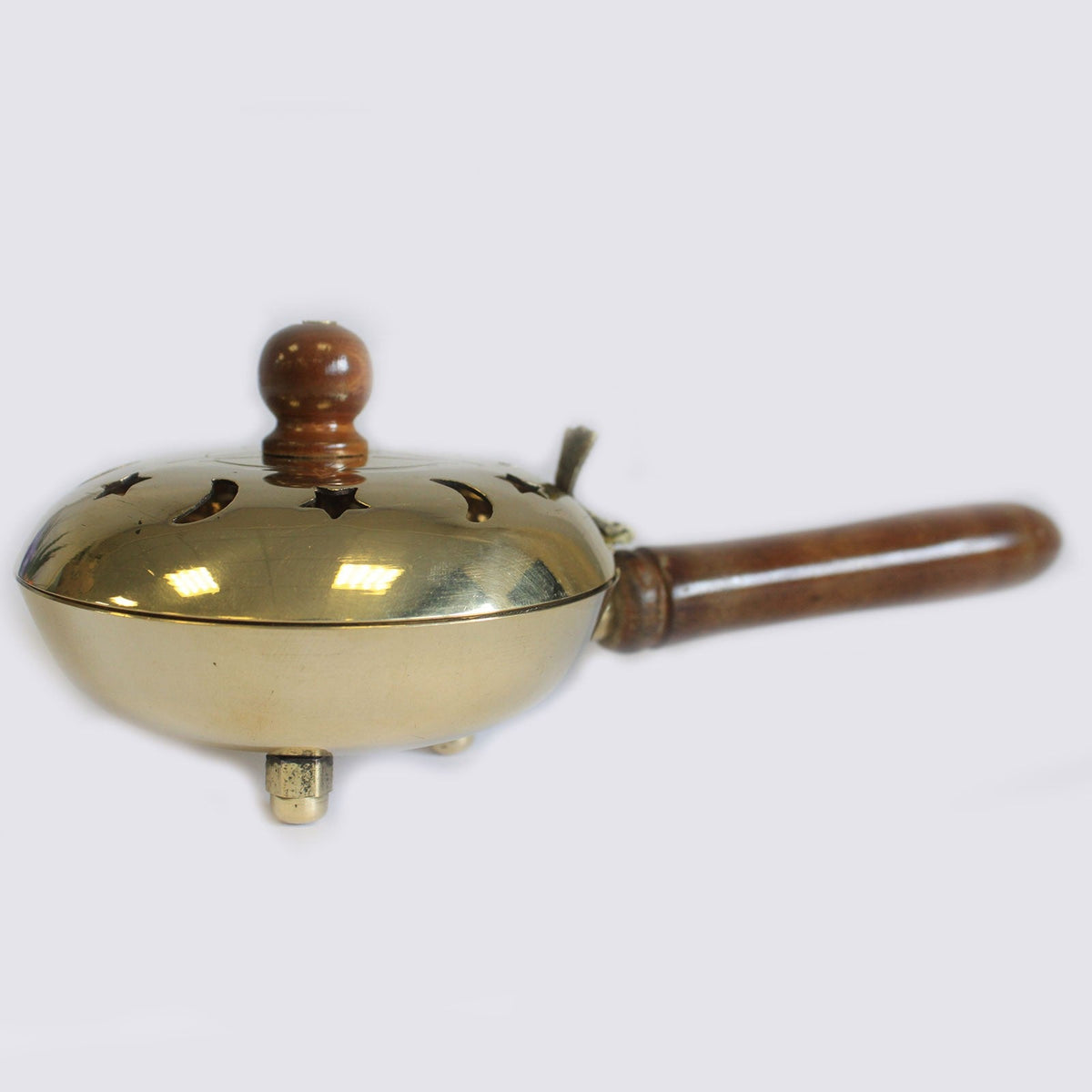Large Pentagram Brass Incense Burner with Handle, with a shallow bowl, domed lid, raised wooden knob and long handle, by Quintessential Holistic Health Ltd