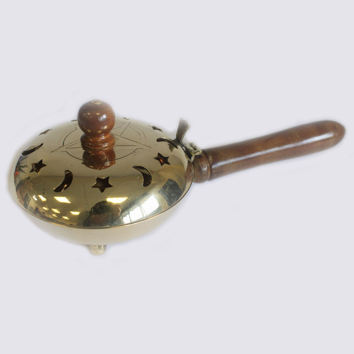 Large Pentagram Brass Incense Burner with Handle, with star and crescent lid cutouts, a wooden knob and long handle, by Quintessential Holistic Health Ltd