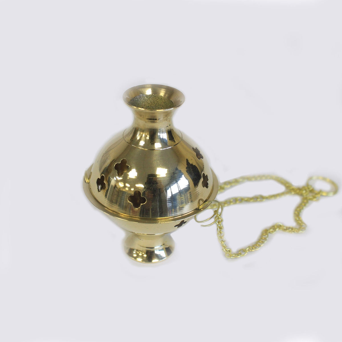 Brass Hanging Incense Burner - Plain with a domed pierced body, pedestal base and loose gold-tone chain by Quintessential Holistic Health Ltd