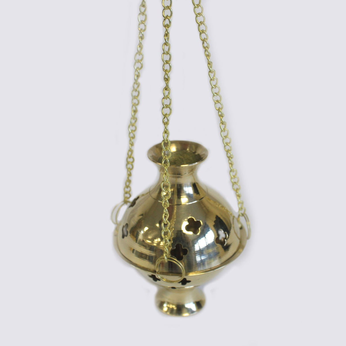Brass Hanging Incense Burner - Plain with a rounded perforated body, flared base and three suspension chains by Quintessential Holistic Health Ltd