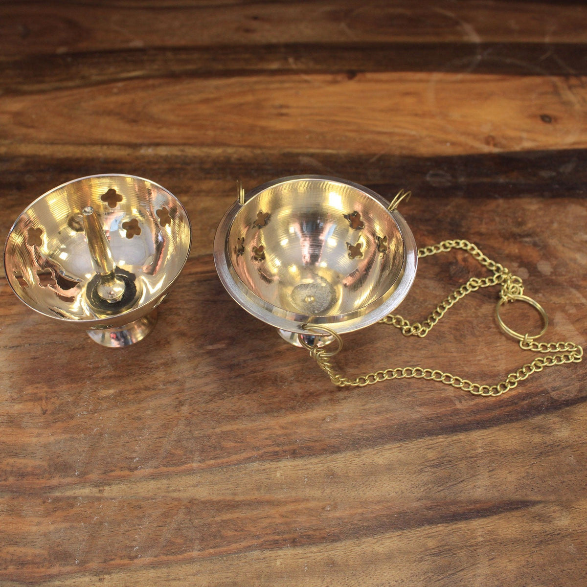 Brass Hanging Incense Burner - Plain shown open in two pierced halves with an attached gold-tone chain by Quintessential Holistic Health Ltd