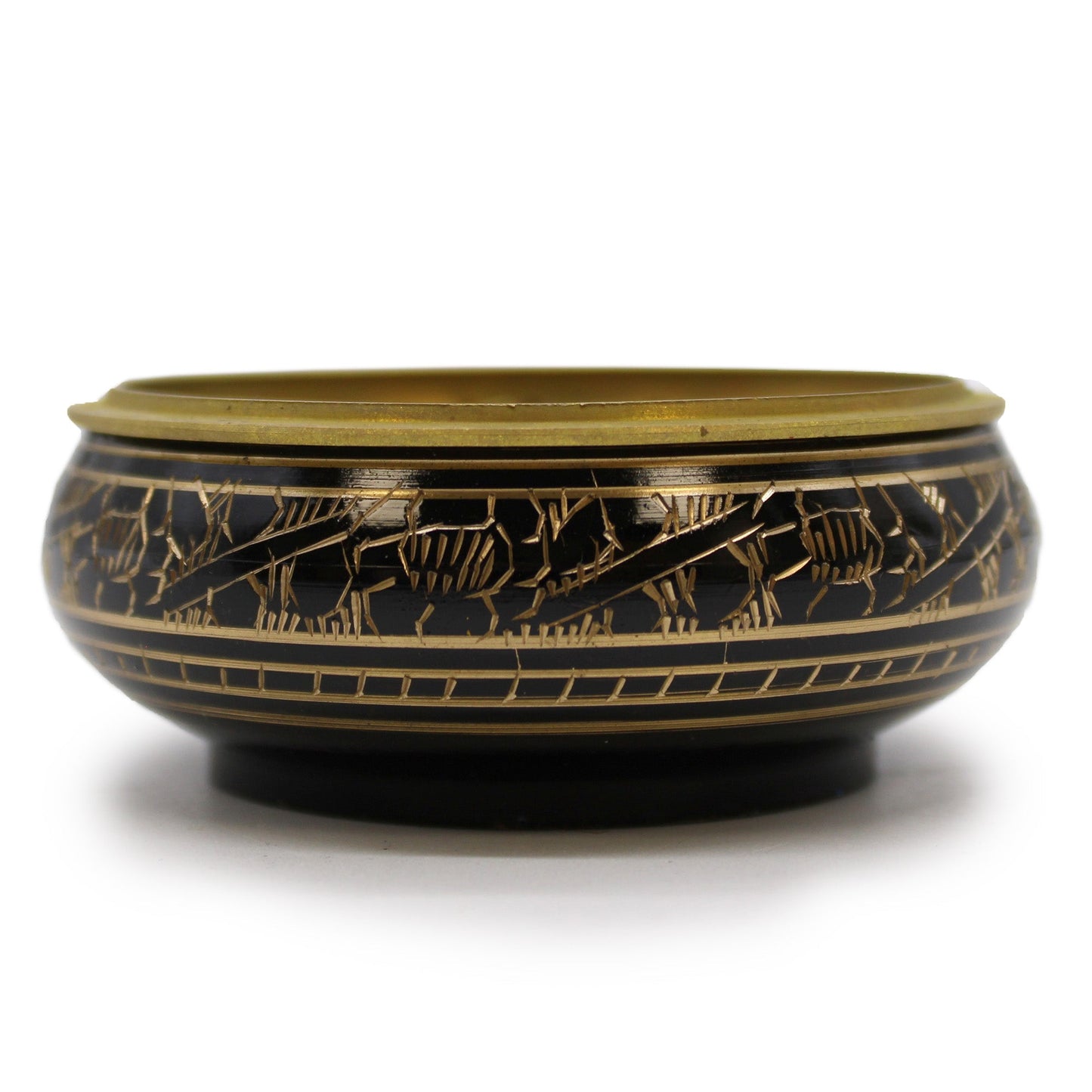 Handmade Brass Charcoal Burner Jar - Engraved with a wide black bowl, gold-tone rim and engraved animal pattern, by Quintessential Holistic Health Ltd