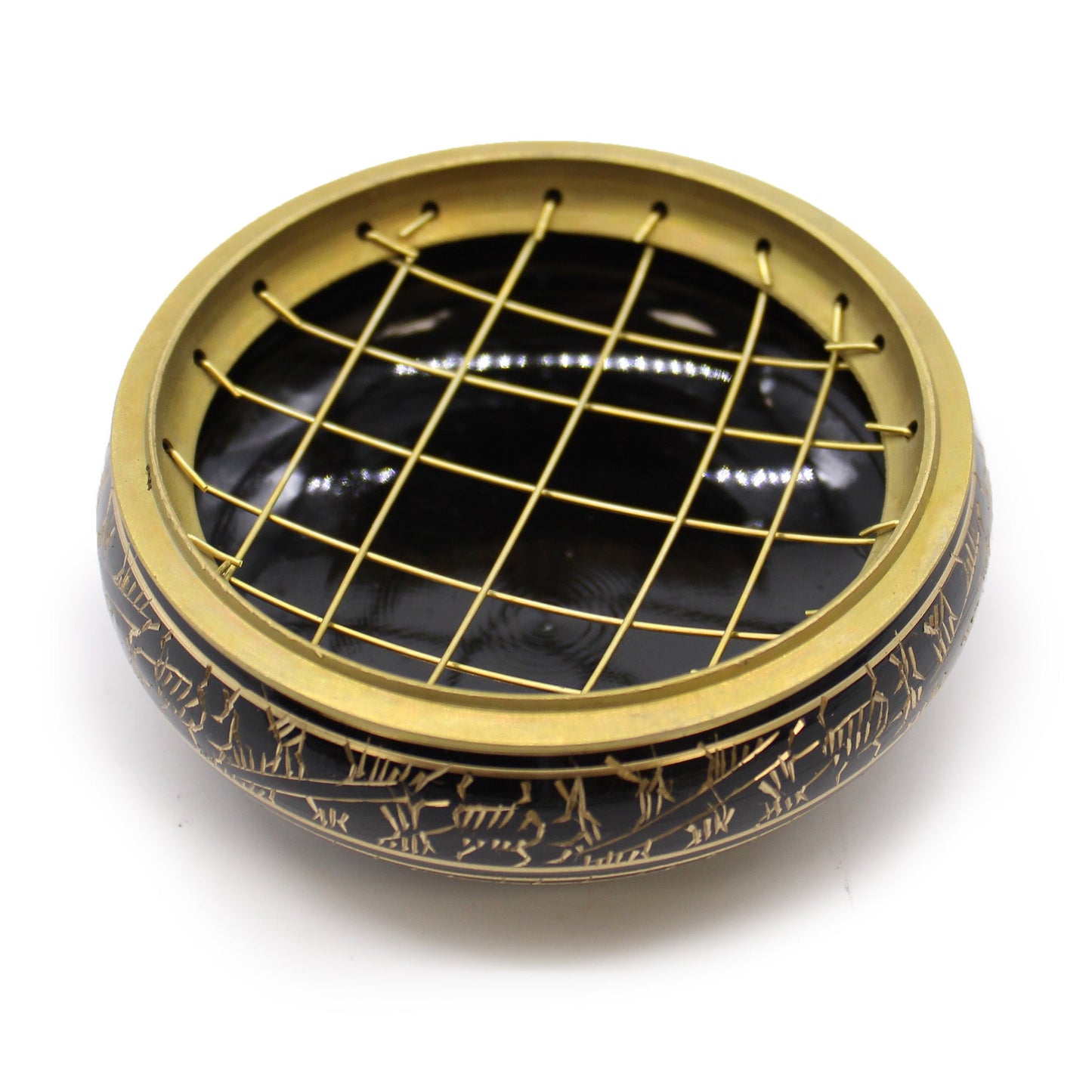 Handmade Brass Charcoal Burner Jar - Engraved with a round black bowl and gold-tone criss-cross lattice lid, by Quintessential Holistic Health Ltd