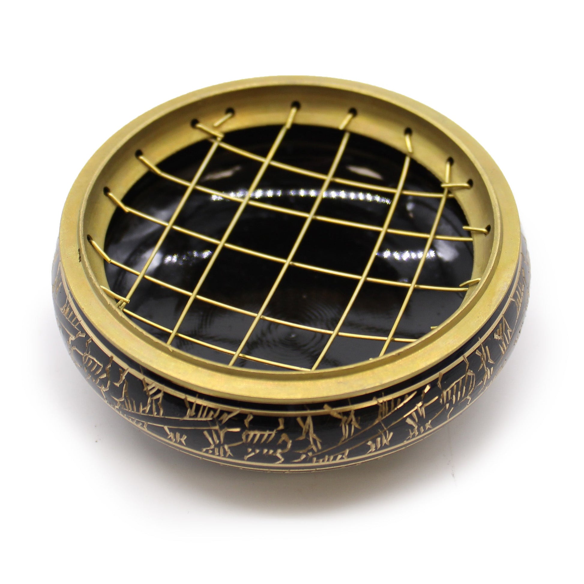 Handmade Brass Charcoal Burner Jar - Engraved with a round black bowl and gold-tone criss-cross lattice lid, by Quintessential Holistic Health Ltd