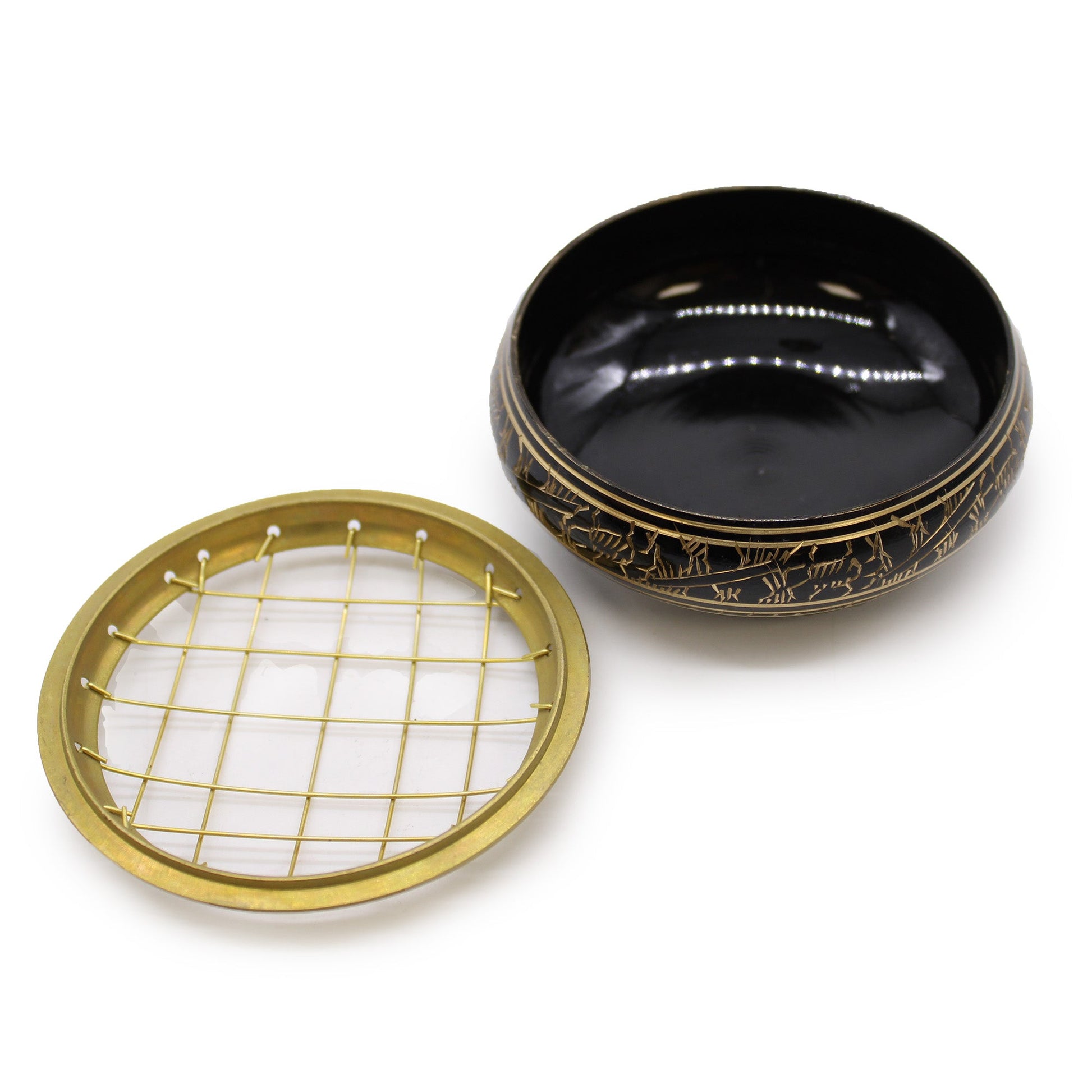 Handmade Brass Charcoal Burner Jar - Engraved shown open with a black bowl and separate gold-tone lattice lid, by Quintessential Holistic Health Ltd