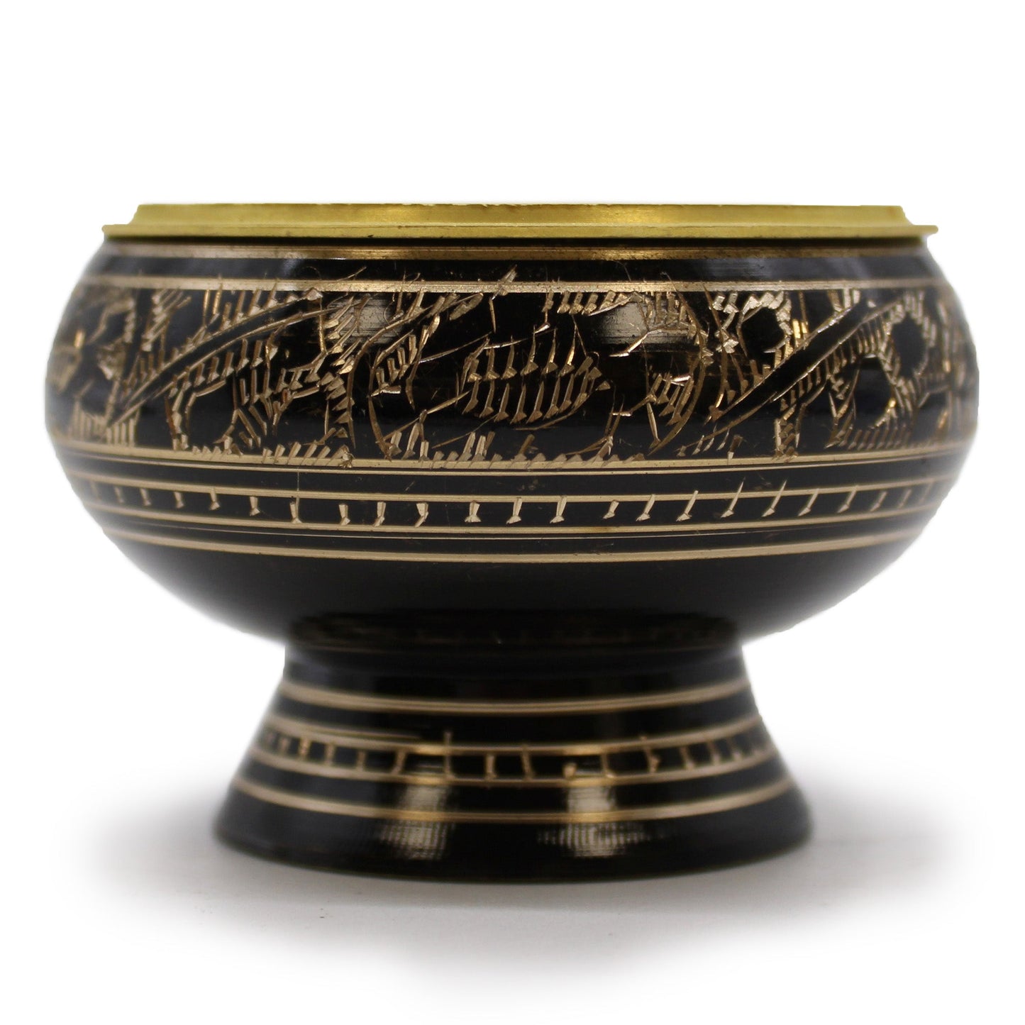 Tall Handmade Brass Charcoal Burner Jar - Engraved with a black bowl, flared base and gold-tone animal pattern, by Quintessential Holistic Health Ltd