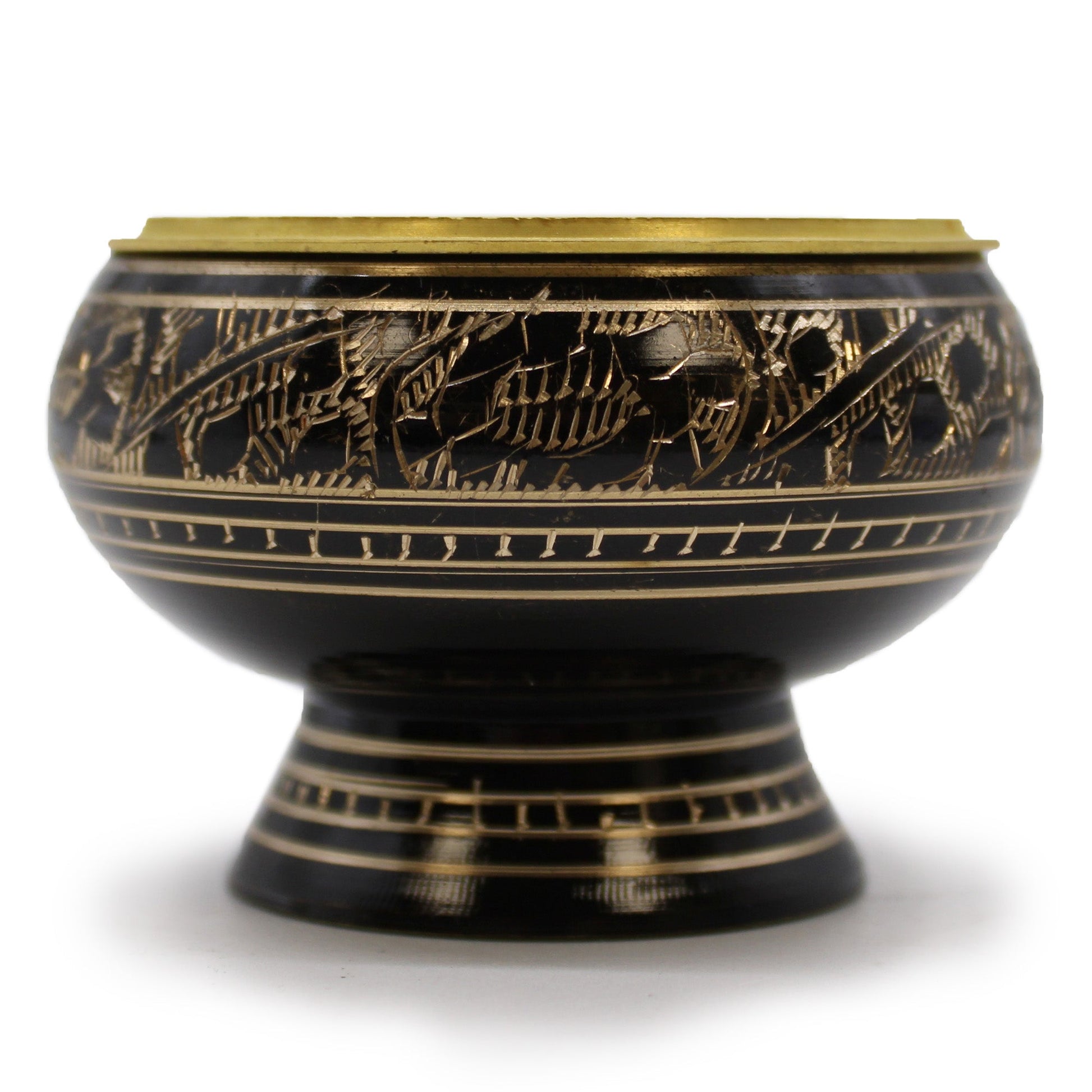 Tall Handmade Brass Charcoal Burner Jar - Engraved with a black bowl, flared base and gold-tone animal pattern, by Quintessential Holistic Health Ltd