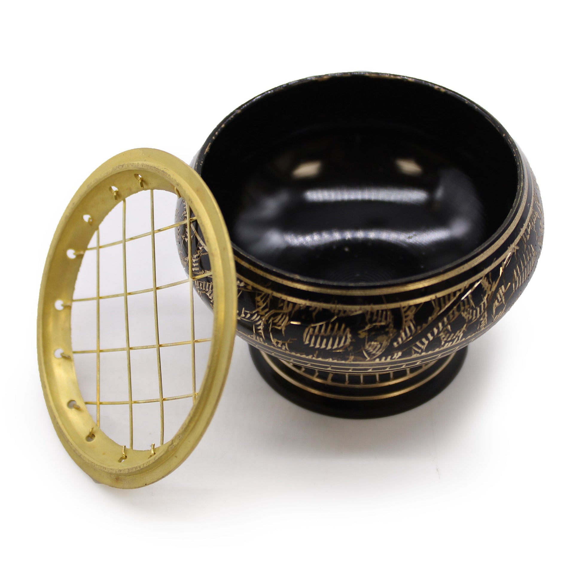 Tall Handmade Brass Charcoal Burner Jar - Engraved shown open with the gold-tone lattice lid standing beside the black bowl, by Quintessential Holistic Health Ltd