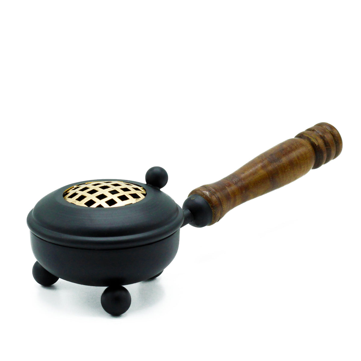 Cast Iron Incense Burner with Gold Detail - Medium shown closed on three rounded feet with a pierced gold-toned lid and turned wooden grip by Quintessential Holistic Health Ltd