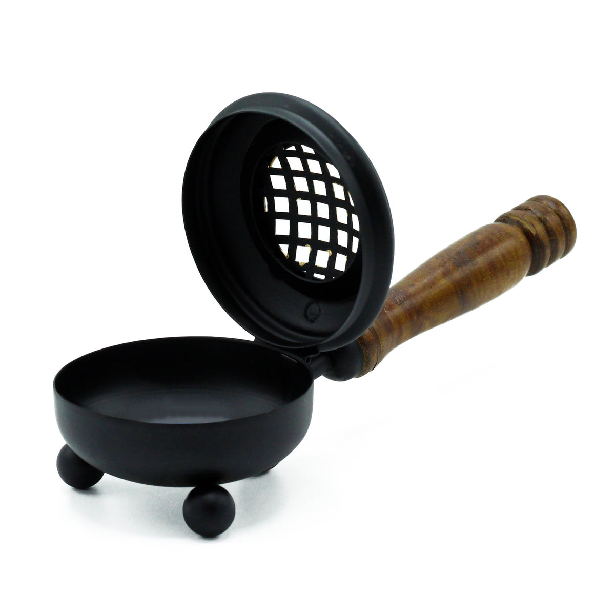 Cast Iron Incense Burner with Gold Detail - Medium shown open on three rounded feet with a hinged pierced lid and turned wooden grip by Quintessential Holistic Health Ltd