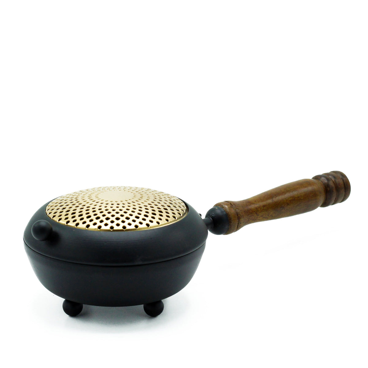 Cast Iron Incense Burner with Gold Detail - Large, closed with a perforated gold lid, three feet and wooden side grip by Quintessential Holistic Health Ltd