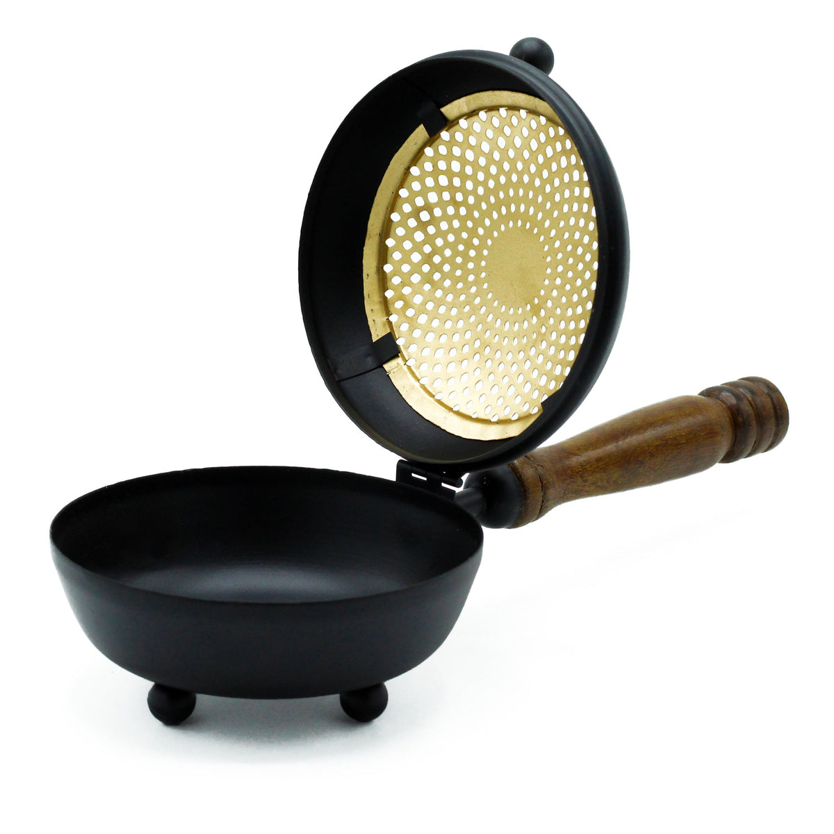 Cast Iron Incense Burner with Gold Detail - Large, open to show its black bowl and perforated gold lid by Quintessential Holistic Health Ltd