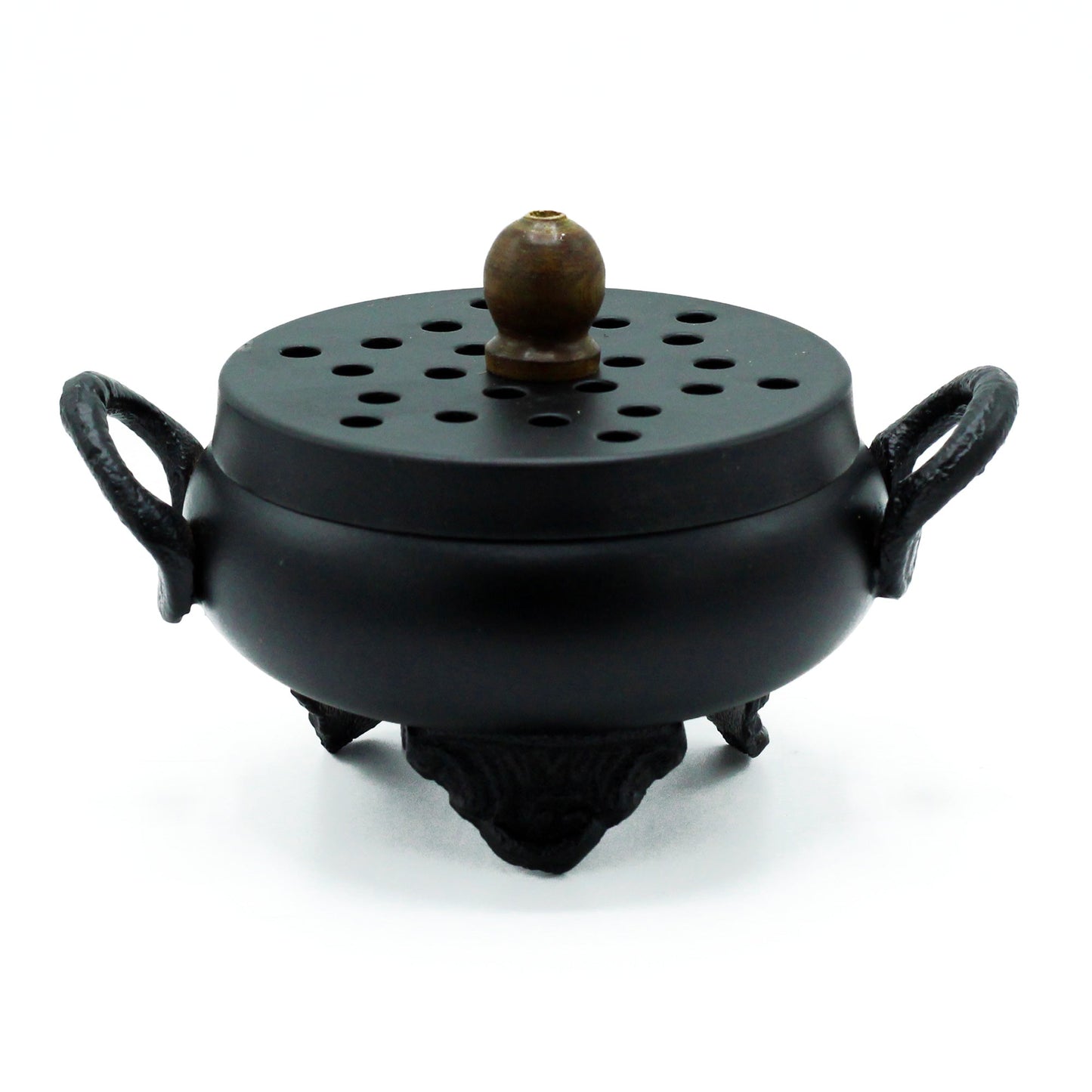 Cast Iron Incense Burner - Classic Cauldron, black lidded pot with perforations, side loops and three raised feet by Quintessential Holistic Health Ltd