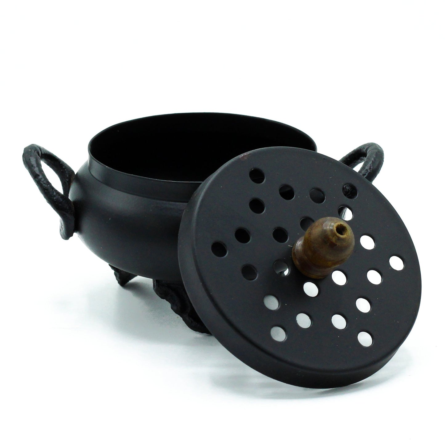 Cast Iron Incense Burner - Classic Cauldron, open black pot with side loops beside its perforated lid by Quintessential Holistic Health Ltd