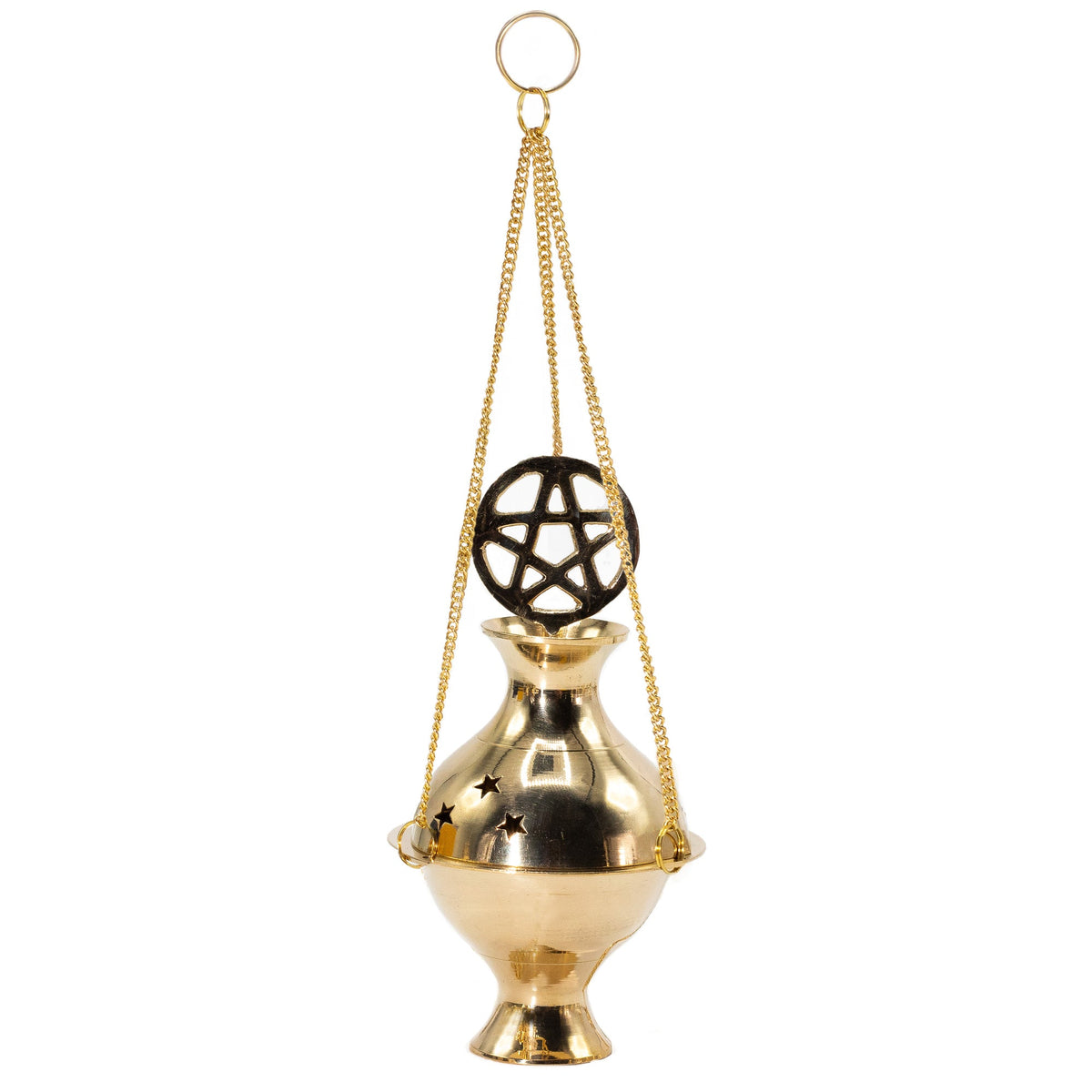 Handmade Brass Hanging Incense Burner - Pentagram with a black pentagram emblem, three suspension chains and circular ring by Quintessential Holistic Health Ltd