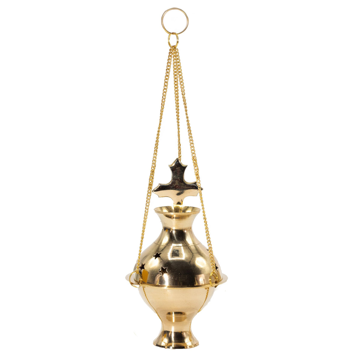Handmade Brass Hanging Incense Burner - Cross with a black cross emblem, three suspension chains and circular ring by Quintessential Holistic Health Ltd