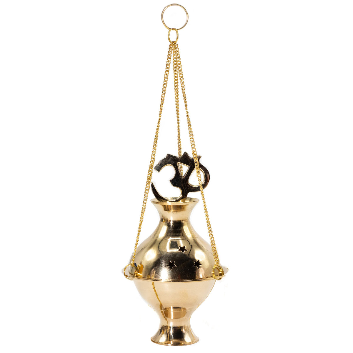 Handmade Brass Hanging Incense Burner - Om with a black Om emblem, three suspension chains and circular ring by Quintessential Holistic Health Ltd