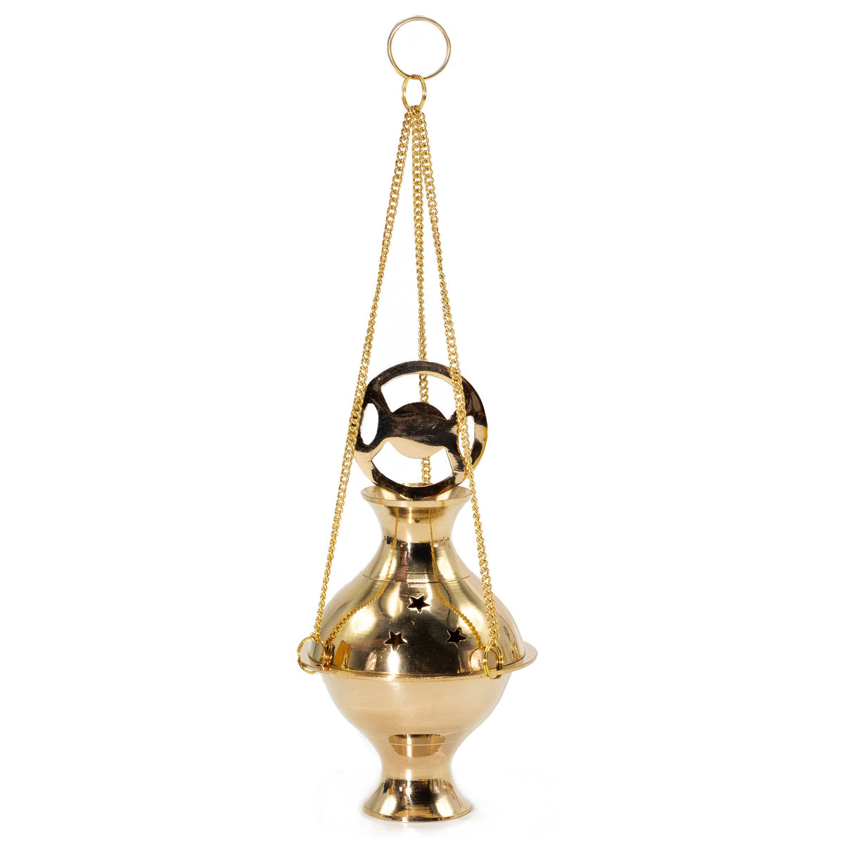 Handmade Brass Hanging Incense Burner - Three Phase Moon with a black triple-moon emblem, three suspension chains and circular ring by Quintessential Holistic Health Ltd
