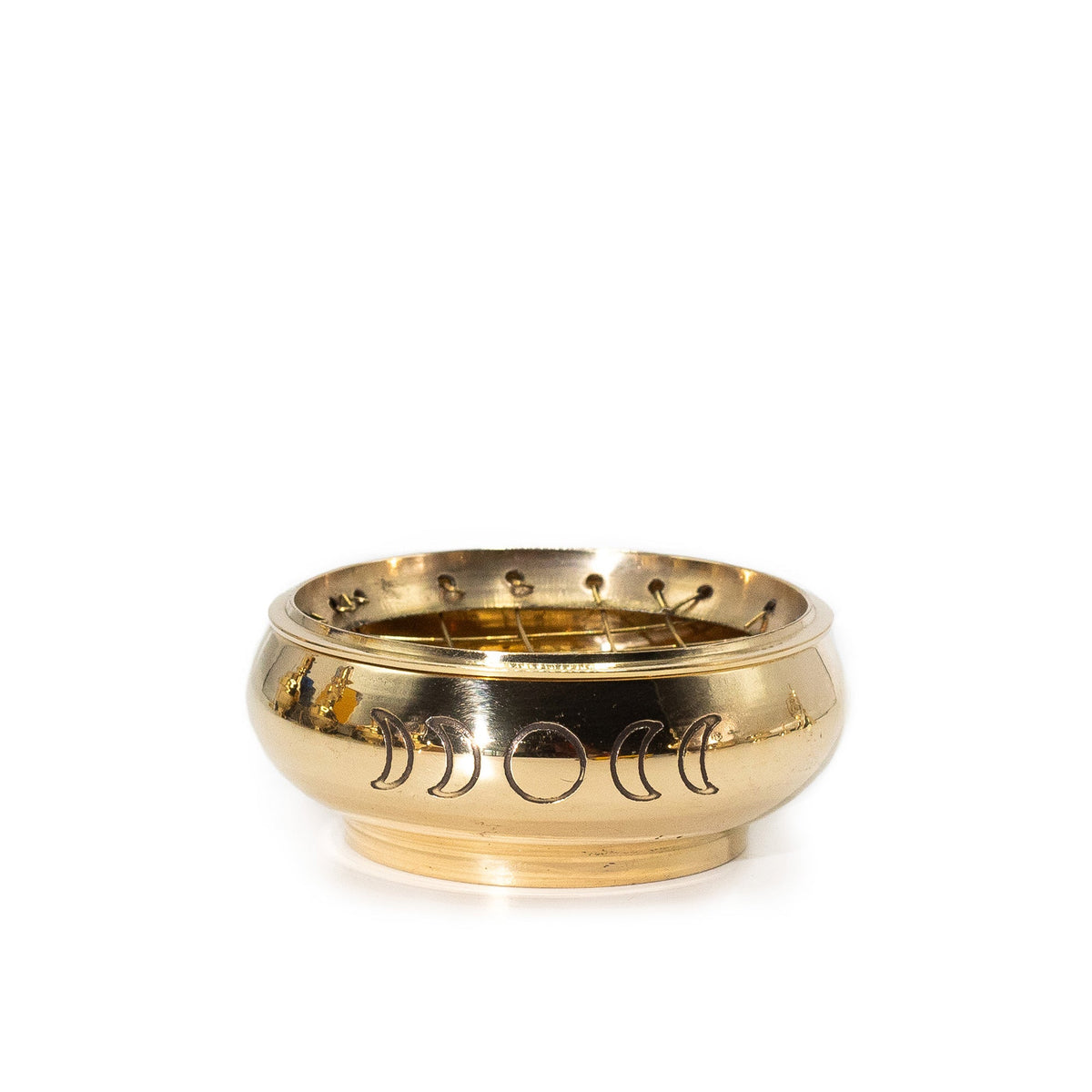 Handmade Brass Charcoal Incense Jar - Moon Phases, with pierced lid, polished gold finish and engraved lunar symbols by Quintessential Holistic Health Ltd